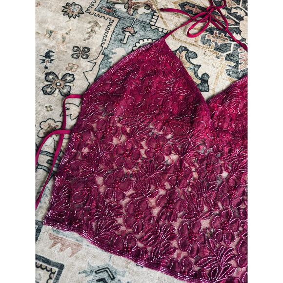 Vintage Hand Beaded y2k Open Back Tie Top Crop Pink Floral Halter Tank Medium - Picture 8 of 16